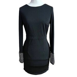 AQUA LUXE Little Black Dress Mini Bodycon Rhinestone‎ Cuffs Women Small V-Back